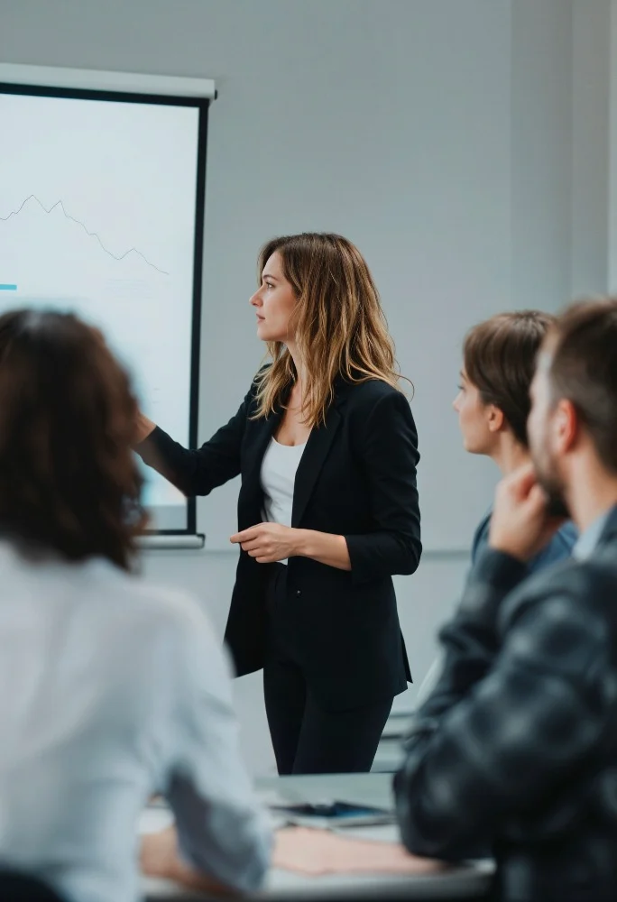 Corporate trainer presenting to a room